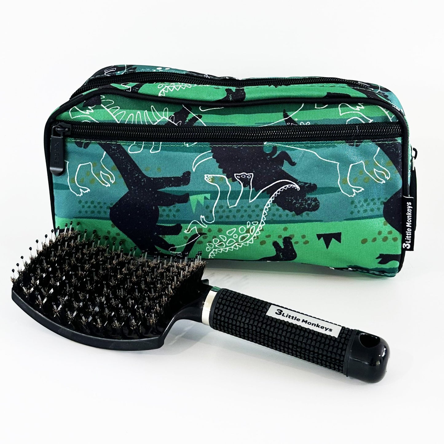 Pencil Case/Toiletry Bag - Dinosaur + Easy Detangler Hairbrush - Black